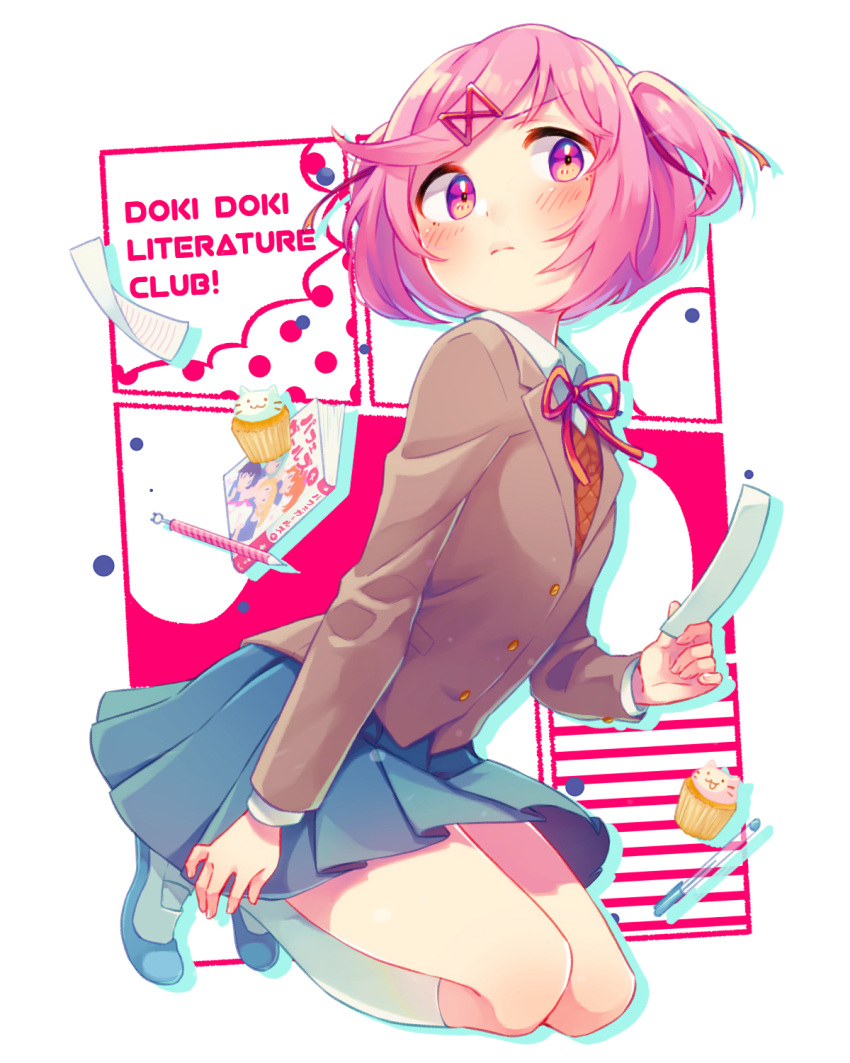 1girl blue_skirt brown_jacket brown_sweater closed_mouth collared_shirt copyright_name cupcake doki_doki_literature_club food frown full_body hair_ribbon highres holding holding_paper jacket kneeling long_sleeves manga_(object) mary_janes natsuki_(doki_doki_literature_club) paper pen pink_eyes pink_hair red_ribbon ribbon shifumame shirt shoes skirt socks solo sweater two_side_up white_shirt white_socks