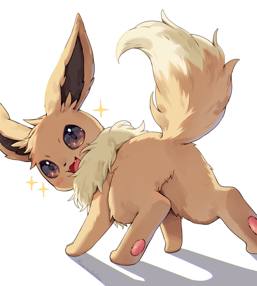 brown_eyes eevee facing_away highres kaminokefusa looking_at_viewer no_humans open_mouth pokemon pokemon_(creature) shadow simple_background solo sparkle tail white_background