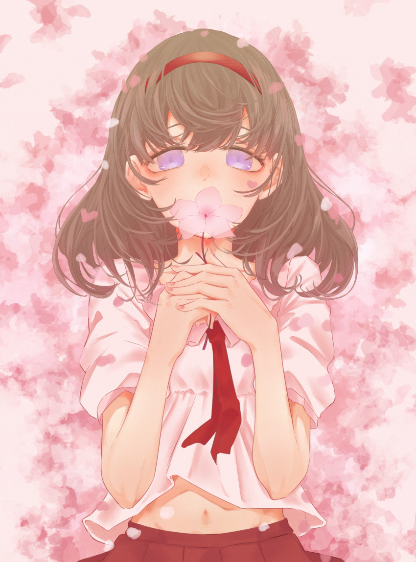 1girl blue_eyes blush brown_hair cherry_blossoms covered_mouth enushi flower hairband highres holding holding_flower idolmaster idolmaster_cinderella_girls looking_at_viewer navel petals pink_shirt pleated_skirt red_hairband red_skirt sakuma_mayu shirt skirt solo stomach upper_body