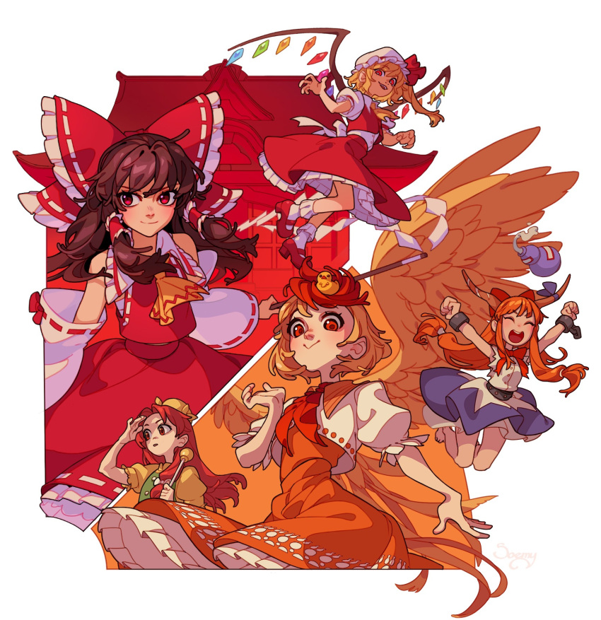 5girls :&gt; :d \o/ animal_on_head arms_up ascot back_bow barefoot belt bird bird_on_head bird_wings blonde_hair blue_skirt bow brown_hair brown_horns chest_sarashi chick closed_eyes collared_shirt cuffs detached_sleeves dress feathered_wings flandre_scarlet frilled_dress frilled_shirt_collar frilled_skirt frilled_socks frills gohei gourd hakurei_reimu hat hat_ribbon highres holding holding_gohei holding_staff horns ibuki_suika long_hair looking_at_viewer low-tied_long_hair mary_janes mob_cap multicolored_hair multiple_girls niwatari_kutaka on_head one_side_up orange_(touhou) orange_dress orange_hair outstretched_arms puffy_short_sleeves puffy_sleeves red_ascot red_eyes red_footwear red_ribbon red_skirt red_vest redhead ribbon sarashi shading_eyes shirt shoes short_hair short_hair_with_long_locks short_sleeves sidelocks skirt sleeveless sleeveless_shirt smile socks staff touhou touhou_(pc-98) two-tone_hair two-tone_skirt vest white_bow white_headwear white_shirt white_skirt white_sleeves wings yellow_ascot yellow_headwear yellow_shirt yellow_wings