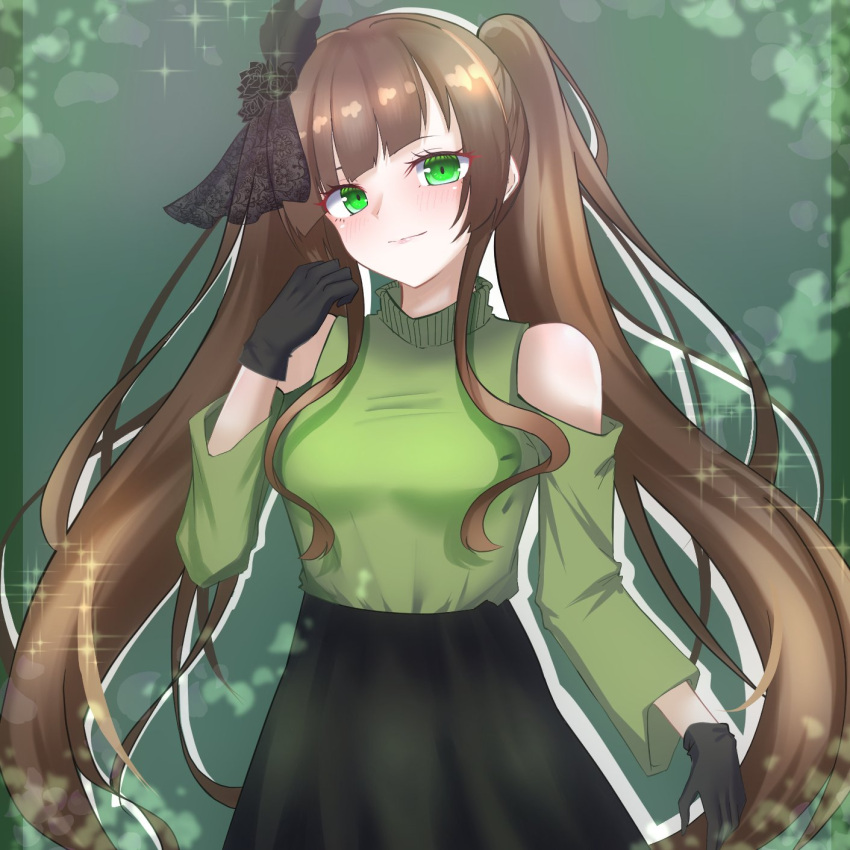 1girl assault_lily bare_shoulders black_flower black_gloves black_skirt blush breasts brown_hair closed_mouth clothing_cutout commentary_request cowboy_shot diagonal_bangs flower gloves gradient_background green_background green_eyes green_shirt hair_flower hair_ornament hand_up high-waist_skirt highres kamigoori_marimo light_smile long_hair long_sleeves looking_at_viewer medium_breasts nanakusa_yukiusagi shirt shirt_tucked_in shoulder_cutout sidelocks skirt solo sparkle standing twintails very_long_hair