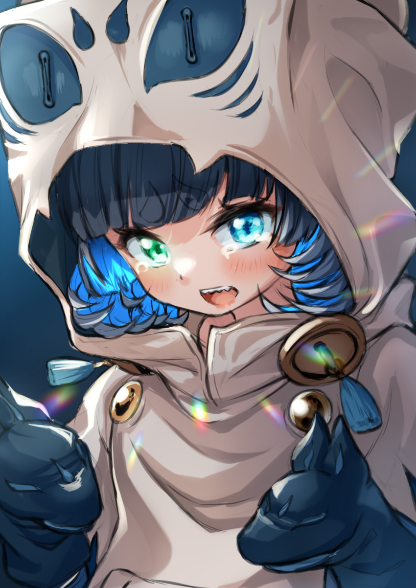 1girl animal_hood black_hair blue_background blue_hair coat coeiroink colored_inner_hair commentary_request fox_hood furrowed_brow gradient_background hand_puppet hands_up heterochromia highres hood hood_up hooded_coat lens_flare looking_at_viewer medium_hair multicolored_hair namidame_koron open_mouth puppet sharp_teeth solo tearing_up teeth tenneko_yuuri thick_eyebrows upper_body white_coat