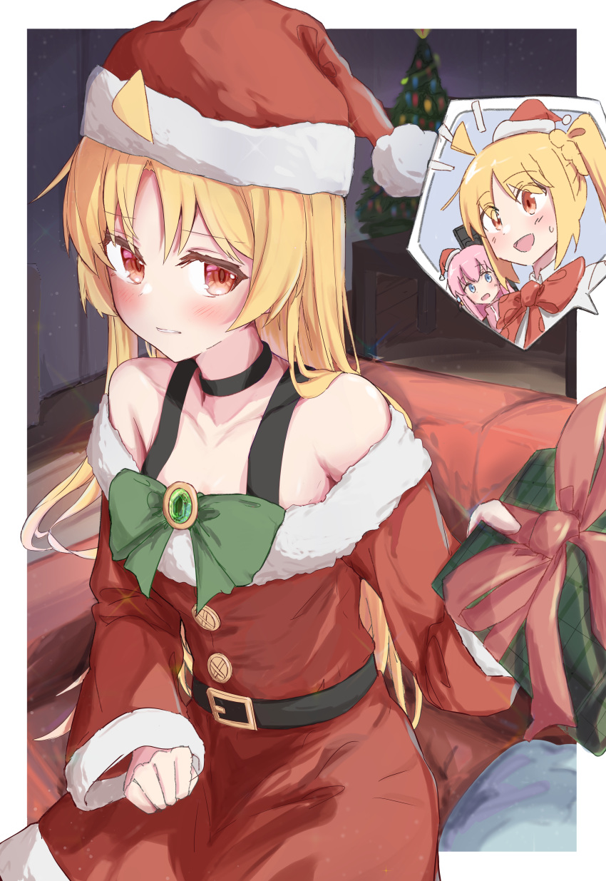 3girls absurdres ahoge bare_shoulders bikini black_choker blonde_hair blue_eyes blush bocchi_the_rock! box choker christmas christmas_tree couch dawin_(vejy7778) detached_ahoge english_commentary gift gift_box gotoh_hitori hat highres holding holding_gift ijichi_nijika ijichi_seika long_hair long_sleeves looking_at_another multiple_girls on_couch open_mouth parted_lips pink_hair red_eyes santa_bikini santa_hat side_ponytail sitting swimsuit