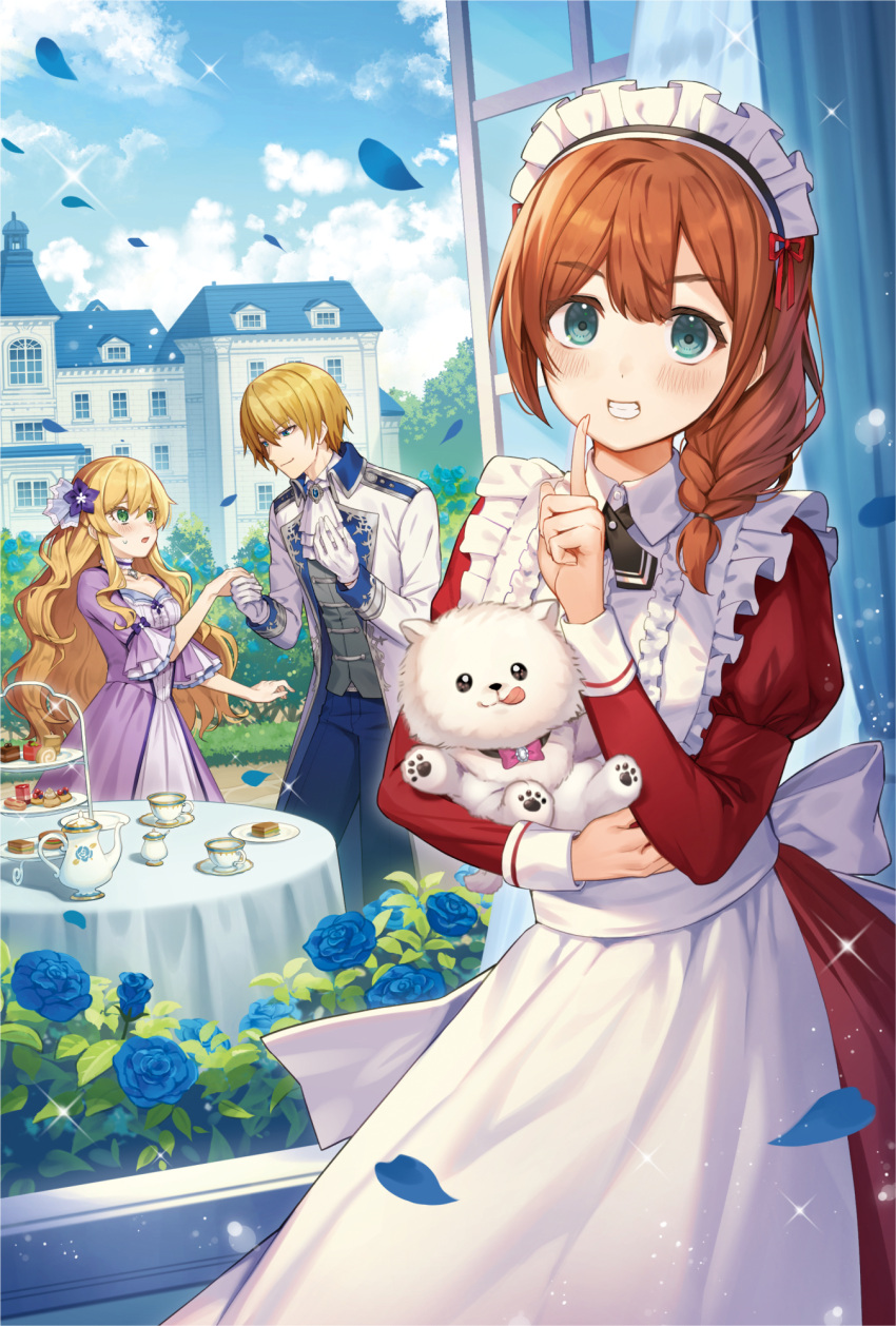 1boy 2girls animal animal_hands apron aqua_eyes ascot blonde_hair blue_eyes blue_flower blue_pants blue_rose blush braid brooch brown_hair building bush cake cake_slice closed_mouth clouds coat collared_shirt cover cover_page cowboy_shot cross_tie cup curtains day dog dog_paws double-parted_bangs dress eclair_(food) falling_petals finger_to_mouth flower food gloves green_eyes grey_vest grin hair_between_eyes hair_flower hair_ornament hair_over_shoulder hand_on_own_chest highres holding holding_animal holding_hands jewelry juliet_sleeves lapels long_dress long_hair long_sleeves maid maid_apron maid_headdress mansion medium_hair multiple_girls novel_cover official_art open_clothes open_coat pants parted_lips pendant_choker petals plate pomeranian_(dog) puffy_sleeves purple_dress purple_flower red_dress rose rose_bush sandwich saucer shirt shushing single_braid sleeve_cuffs sleeves_past_elbows smile sparkle sugar_bowl sweatdrop swiss_roll table tablecloth taranboman teacup teapot tensei_jijo_wa_moburashiku_kurashitai tiered_tray tree vest wavy_hair white_apron white_ascot white_coat white_gloves white_shirt window