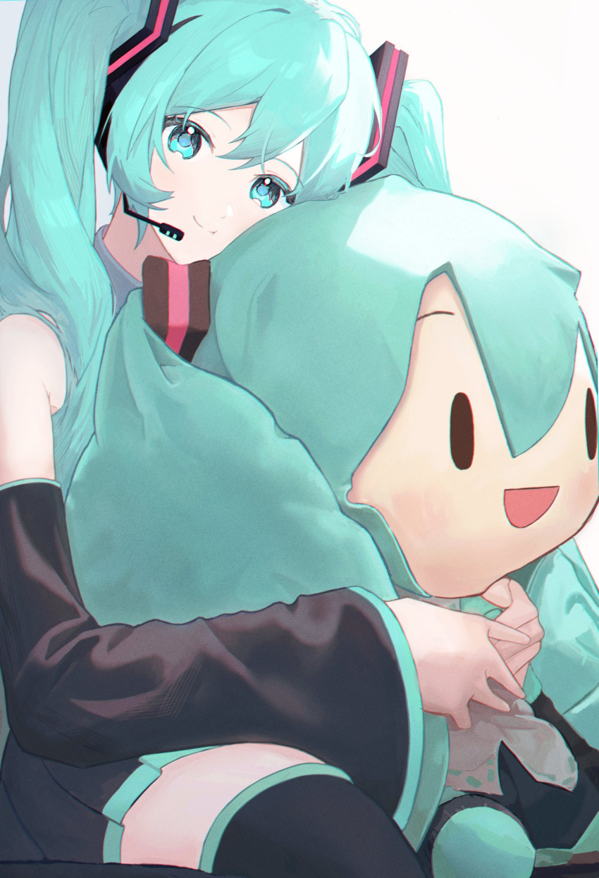 1girl ame_miya_ta bare_shoulders black_footwear black_skirt blue_eyes blue_hair blush boots character_doll closed_mouth collared_shirt commentary_request detached_sleeves doll grey_shirt hair_between_eyes hair_ornament hatsune_miku headphones highres hugging_doll hugging_object long_hair long_sleeves looking_at_viewer microphone miniskirt open_mouth pleated_skirt shirt simple_background sitting skirt smile solo thigh_boots twintails vocaloid white_background wide_sleeves