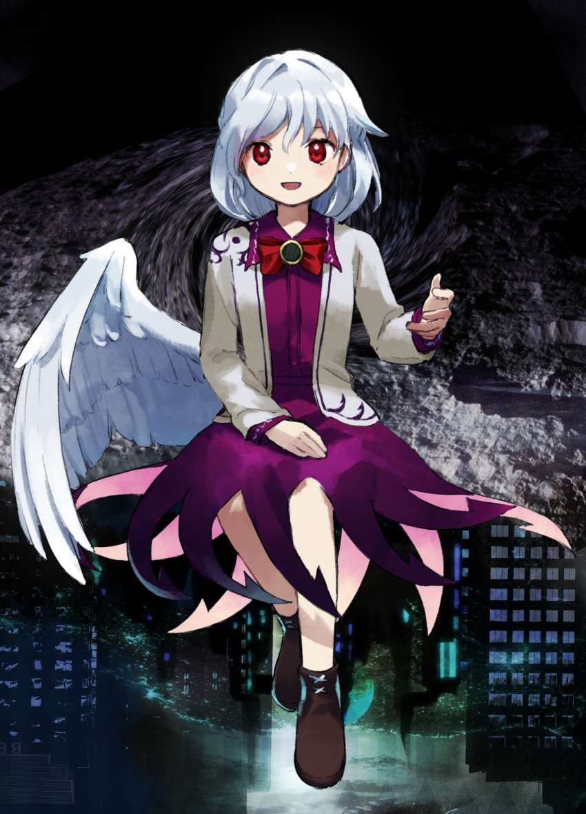 1girl black_footwear boots dress feathered_wings full_body grey_hair grey_jacket highres jacket kaigen_1025 kishin_sagume long_sleeves looking_at_viewer open_clothes open_jacket open_mouth purple_dress red_eyes short_hair single_wing smile solo touhou white_wings wings