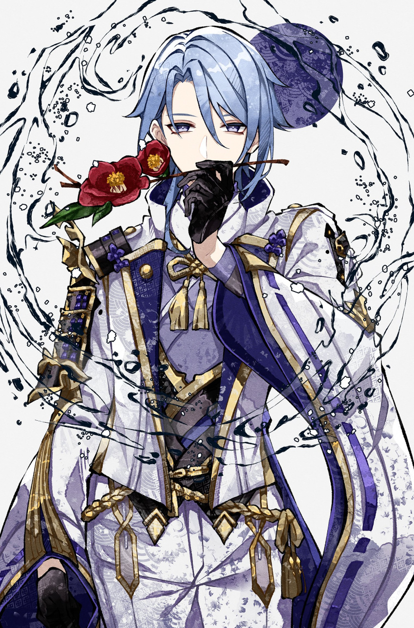 1boy agemaki_knot arm_at_side armor asymmetrical_hair black_armor black_corset black_gloves blue_hair cha_hanare chinese_knot corset covering_mouth cowboy_shot flower genshin_impact gloves gold_tassel gold_trim grey_background hair_between_eyes half_gloves hand_up highres holding holding_flower jacket japanese_armor japanese_clothes kamisato_ayato long_sleeves looking_at_viewer male_focus medium_hair pants popped_collar purple_shirt red_flower shirt single_sode solo tassel two-sided_sleeves violet_eyes water white_jacket white_pants wide_sleeves