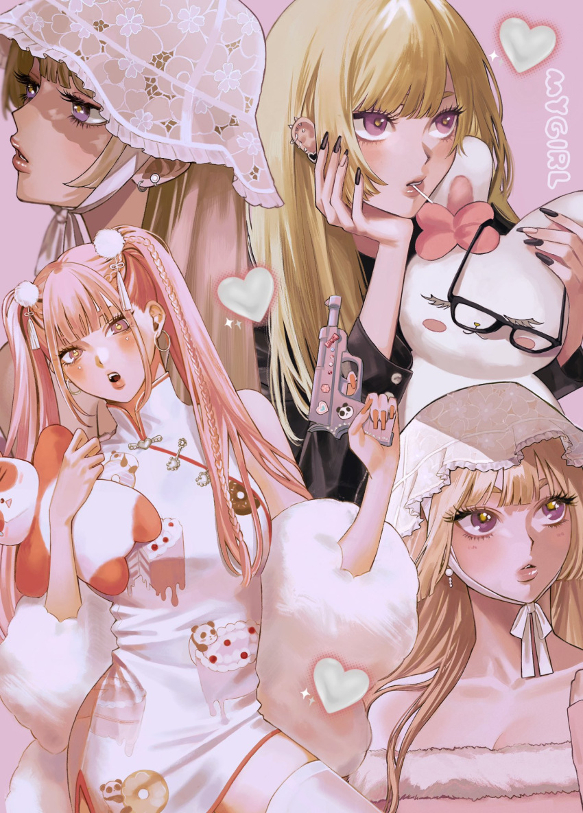 4girls black-framed_eyewear black_nails black_shirt blonde_hair blunt_bangs bow braid chinese_clothes dress earrings glasses gun hand_on_own_face hat heart highres holding holding_gun holding_weapon jewelry long_eyelashes long_hair looking_at_viewer looking_to_the_side meu_oo multiple_girls open_mouth original pink_background pink_bow pink_hair pink_lips rabbit red_nails shirt simple_background standing stuffed_toy thigh-highs toy twintails violet_eyes weapon white_dress white_headwear white_thighhighs