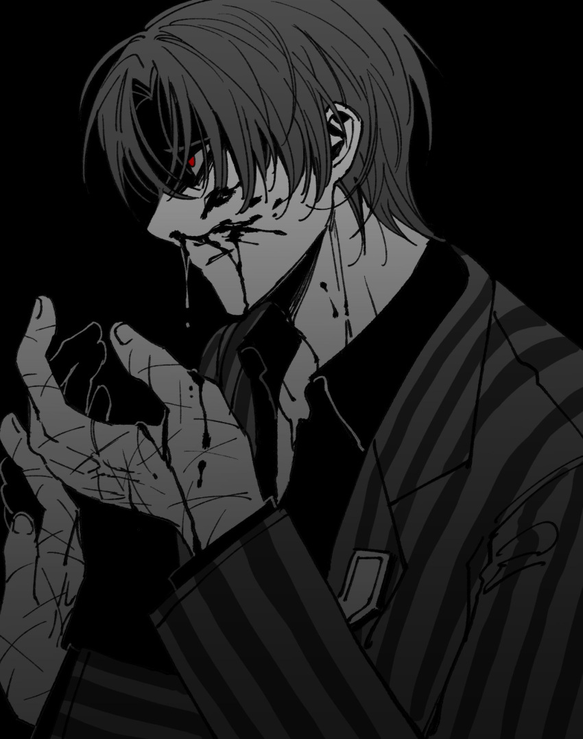 1boy badge blood coat collared_shirt greyscale highres limbus_company long_sleeves male_focus maskv monochrome nosebleed parted_lips project_moon red_eyes scar scar_on_hand shirt solo spot_color striped striped_coat upper_body vergilius_(project_moon) wing_collar