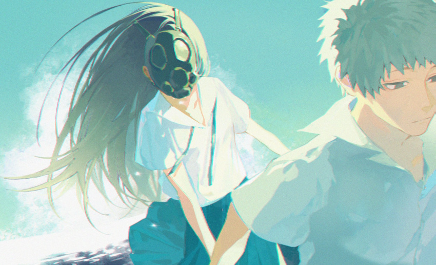 1boy 1girl black_eyes black_hair blue_skirt blue_sky character_request check_character chromatic_aberration closed_mouth clouds collared_shirt commentary_request covered_face expressionless film_grain floating_hair following gas_mask grey_hair half-closed_eyes highres hino_seitarou holding_hands kurai_heya long_hair looking_down mask neck_ribbon oshikawa_keiko pleated_skirt ribbon shirt short_hair short_sleeves sidelighting skirt sky tuzaixia undone_neck_ribbon