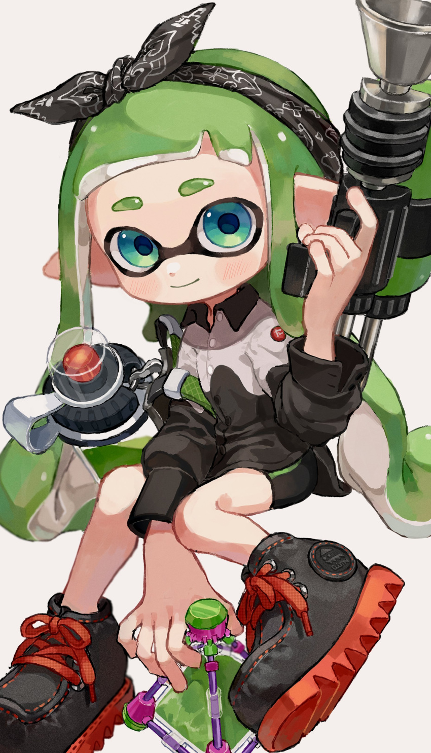 1girl absurdres aqua_eyes black_bow black_footwear black_hairband bow closed_mouth cross-laced_footwear full_body green_hair gun hairband highres holding holding_gun holding_weapon inkling inkling_girl invisible_chair long_hair myon_rio pointy_ears shoes simple_background sitting smile solo splat_bomb_(splatoon) splatoon_(series) splatoon_2 splattershot_(splatoon) tentacle_hair thick_eyebrows weapon white_background