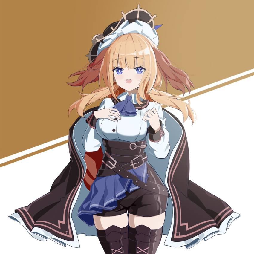 1girl ascot black_cape black_headwear black_shorts black_thighhighs blonde_hair blue_ascot blue_eyes blue_skirt breasts brown_background cape chinese_commentary collared_shirt commentary_request crm floating_hair highres large_breasts long_hair long_sleeves looking_at_viewer open_mouth pleated_skirt rimworld shirt shorts simple_background skirt solo teeth thigh-highs thigh_gap upper_teeth_only white_background white_shirt