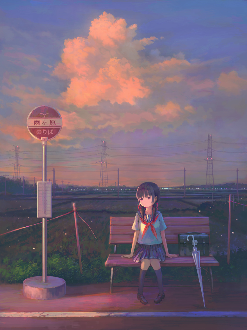 1girl bag bench black_socks blue_skirt blue_sky blunt_bangs brown_footwear bus_stop clouds cloudy_sky commentary_request evening feel_(nasitaki) grass hair_ribbon highres kneehighs knees_together_feet_apart light_particles loafers long_hair neckerchief on_bench original outdoors pigeon-toed pleated_skirt power_lines red_eyes red_neckerchief red_ribbon revision ribbon rice_paddy road_sign rural scenery school_uniform serafuku shoes short_sleeves sign sitting sitting_on_bench skirt sky socks solo translated transmission_tower transparent transparent_umbrella twintails umbrella unworn_bag utility_pole wide_shot