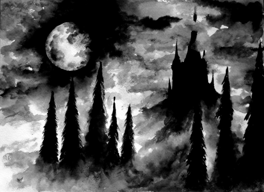 absurdres black_metal castle clouds cloudy_sky commentary english_commentary fog forest full_moon greyscale heavy_metal highres monochrome moon nature night night_sky no_humans original outdoors pine_tree priestofterror scenery silhouette sky tree