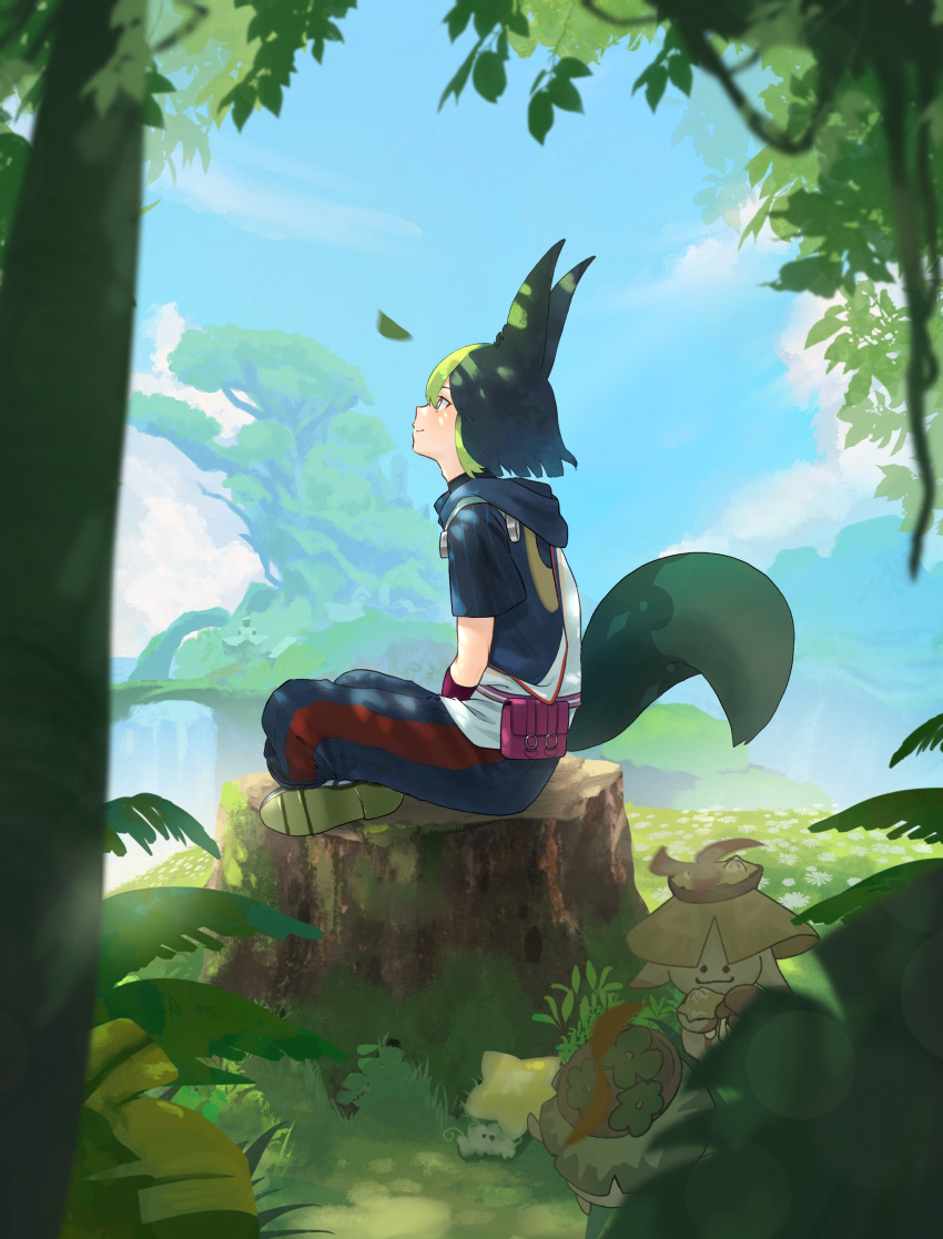 1boy absurdres animal_ears aranara_(genshin_impact) black_hair blue_hair blue_pants blue_sky blunt_bangs blurry blurry_foreground blush branch brown_eyes closed_mouth clouds commentary_request day flower fox_boy fox_ears fox_tail genshin_impact gradient_hair grass green_eyes green_hair hair_between_eyes highres hood hood_down hoodie leaf male_focus mmmimoza_5 moss mountain multicolored_clothes multicolored_eyes multicolored_hair mushroom outdoors pants plant pouch profile purple_sash sash short_hair short_sleeves sitting sitting_on_tree_stump sky smile starshroom_(genshin_impact) streaked_hair tail tighnari_(genshin_impact) tree tree_stump vines water waterfall white_flower