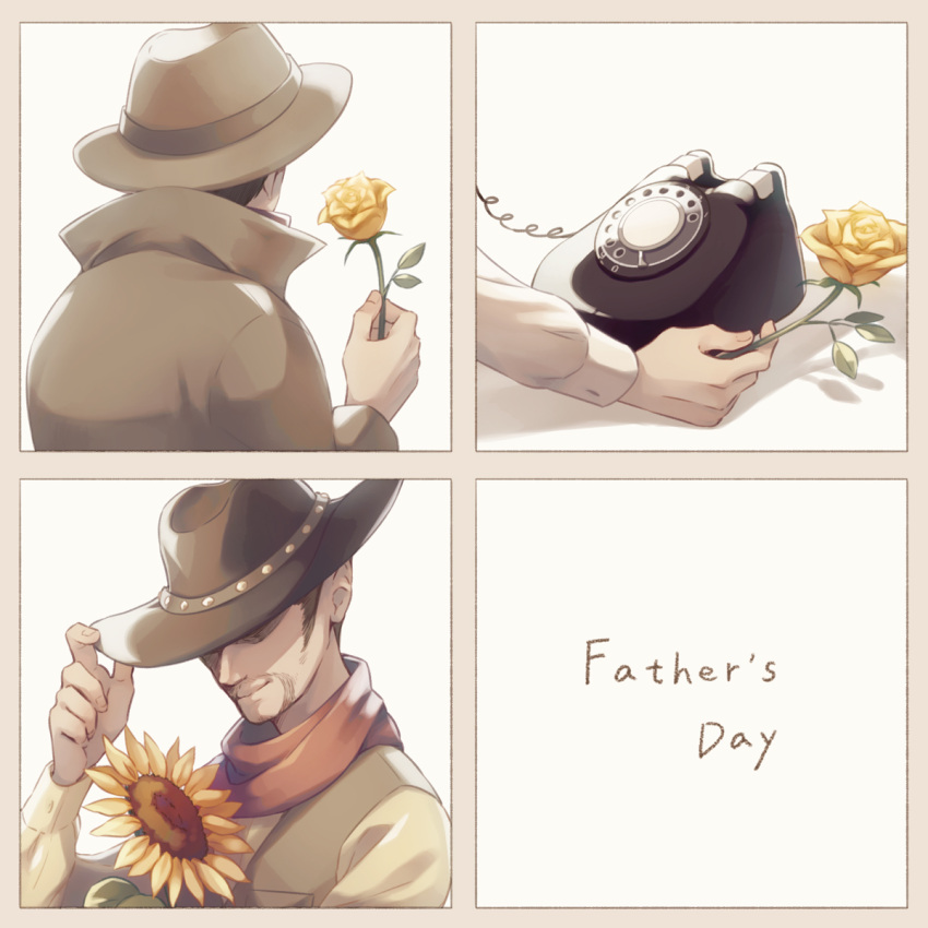 2boys antique_phone bandana bandana_around_neck brown_coat brown_hair brown_headwear coat commentary cowboy_hat english_text facial_hair father's_day fedora flint_(mother_3) flower george_(mother) goatee hat highres holding holding_flower long_sleeves male_focus mother_(game) mother_1 mother_2 mother_3 multiple_boys ness's_father phone red_bandana rose rotary_phone shifumame sideburns sunflower yellow_flower yellow_rose