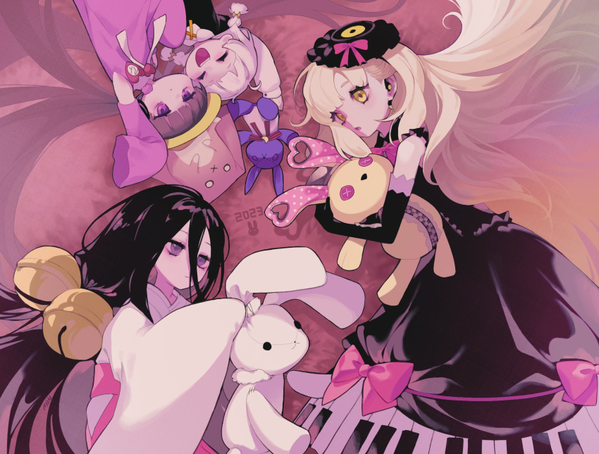 4girls :/ a.i._voice arms_up bell black_dress black_gloves black_hair blonde_hair blunt_bangs bow bowtie braid brooch brown_hair chuugoku_usagi circle_formation closed_eyes closed_mouth commentary_request dated dress earphones elbow_gloves gloves hair_bell hair_between_eyes hair_ornament hair_spread_out hat headphones heart heart_brooch highres holding holding_stuffed_toy hugging_doll hugging_object japanese_clothes jewelry jingle_bell jitome kimono kizuna_akari kizuna_akari_(moe) long_bangs long_hair long_sleeves low_twin_braids lying marutsubo mayu_(vocaloid) multiple_girls neck_ribbon on_side open_mouth pinafore_dress pink_bow pink_bowtie pink_dress ribbon school_hat shirt sleeveless sleeveless_dress sleeves_past_fingers sleeves_past_wrists smile stuffed_animal stuffed_rabbit stuffed_toy trait_connection tsukuyomi_ai twin_braids utau very_long_hair violet_eyes vocaloid voiceroid white_kimono white_ribbon white_shirt wide_sleeves yellow_eyes