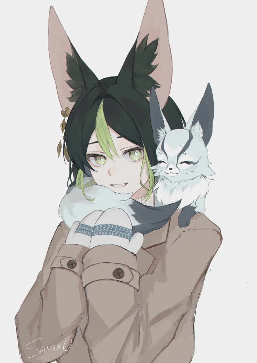 1boy animal_ear_fluff animal_ears animal_on_shoulder artist_name black_hair bright_pupils brown_jacket commentary_request earrings fox fox_ears genshin_impact green_eyes green_hair hair_between_eyes hair_intakes hands_up highres jacket jewelry lapels long_sleeves looking_at_viewer male_focus marota_0 mittens multicolored_hair parted_lips short_hair signature single_earring sleeves_past_wrists smile solo streaked_hair sweater tighnari_(genshin_impact) turtleneck turtleneck_sweater upper_body white_mittens white_pupils white_sweater