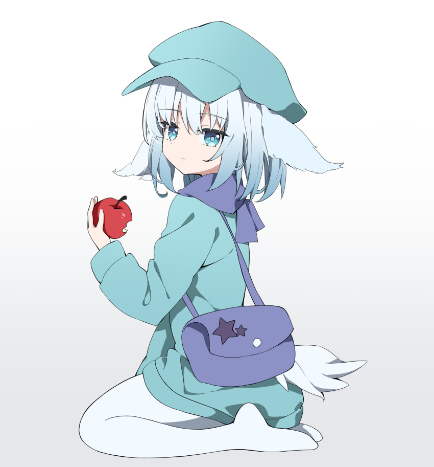1girl absurdres animal_ears apple bag blue_bag blue_eyes blue_hair blue_headwear chinese_commentary closed_mouth commentary_request crm food fruit full_body gradient_background gradient_hair highres holding holding_food long_sleeves looking_at_viewer multicolored_hair no_shoes original pantyhose sheep_ears sheep_girl sheep_tail short_hair shoulder_bag simple_background solo tail white_background white_hair white_pantyhose