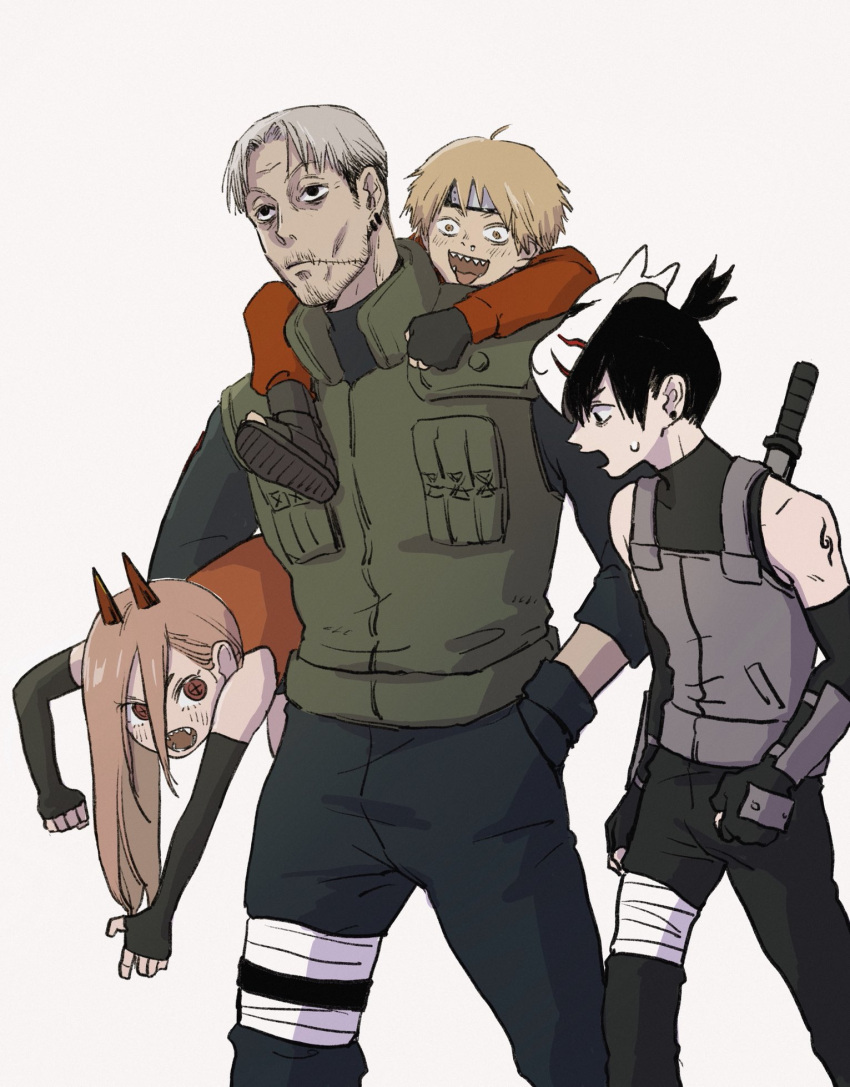 1girl 3boys aged_down arm_guards black_eyes black_gloves black_hair blonde_hair brown_eyes brown_hair carrying carrying_under_arm chainsaw_man commentary_request cosplay cosplay_request cross-shaped_pupils denji_(chainsaw_man) earrings elbow_gloves facial_hair fingerless_gloves forehead_protector gloves goatee green_vest grey_hair hand_in_another's_pocket hatake_kakashi hatake_kakashi_(cosplay) hayakawa_aki heureoreo highres horns jewelry kishibe_(chainsaw_man) korean_commentary multiple_boys multiple_earrings naruto_(series) piggyback power_(chainsaw_man) red_horns scar scar_on_cheek scar_on_face sharp_teeth sword sword_on_back symbol-shaped_pupils teeth topknot vest weapon weapon_on_back