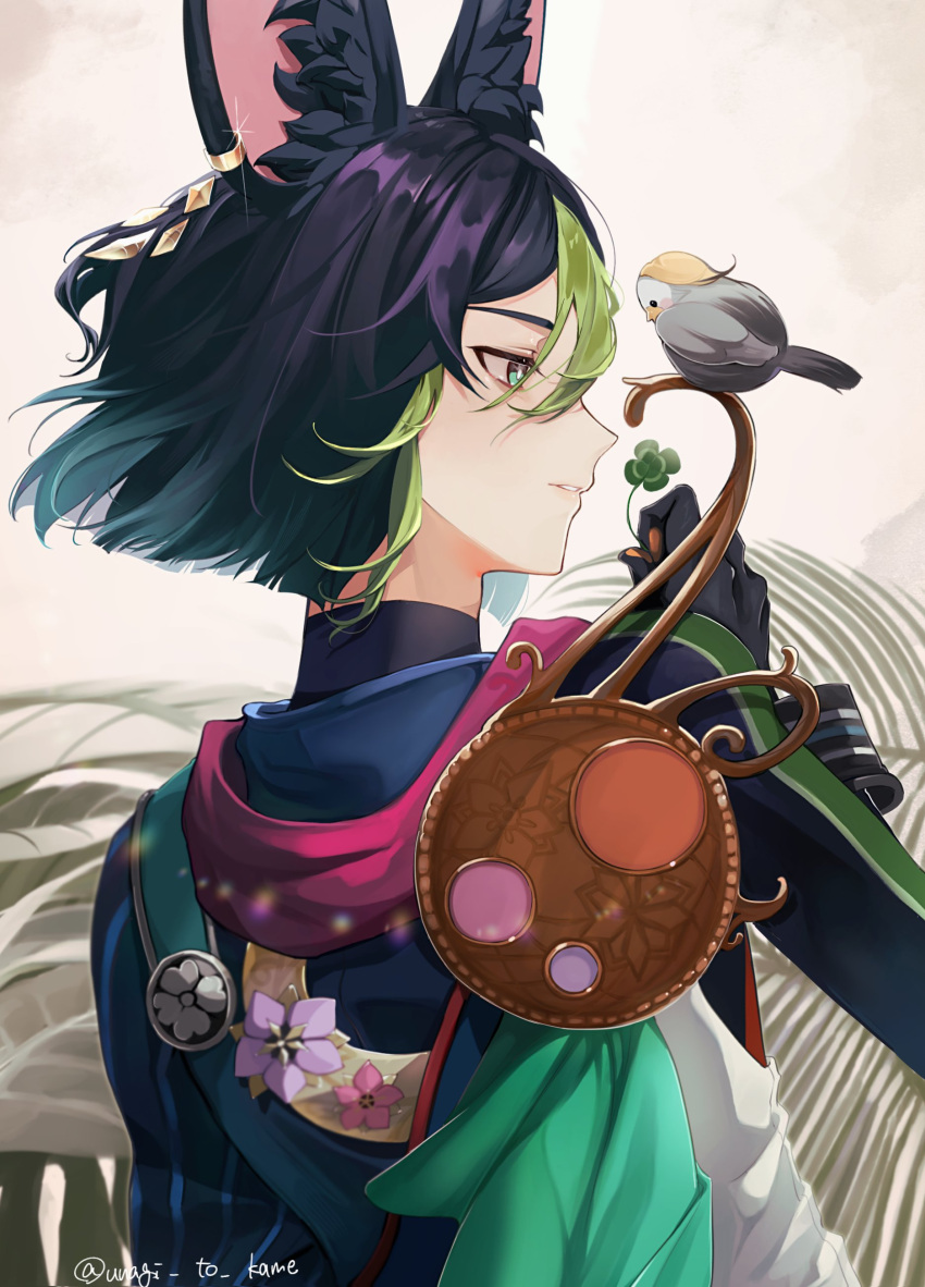 1boy absurdres animal_ear_fluff animal_ears artist_name bird black_gloves black_hair blue_hair blunt_ends bright_pupils brown_eyes brown_gloves cape clover commentary_request earrings flower four-leaf_clover fox_ears from_behind genshin_impact glint gloves gradient_hair green_cape green_eyes green_hair hair_between_eyes hand_up highres holding_clover hood hood_down hoodie jewelry leaf long_sleeves looking_to_the_side male_focus medal multicolored_clothes multicolored_eyes multicolored_hair parted_lips pink_flower short_hair simple_background single_earring solo streaked_hair tighnari_(genshin_impact) turtleneck twitter_username two-tone_gloves unagi_to_kame upper_body white_background white_pupils wrist_cuffs