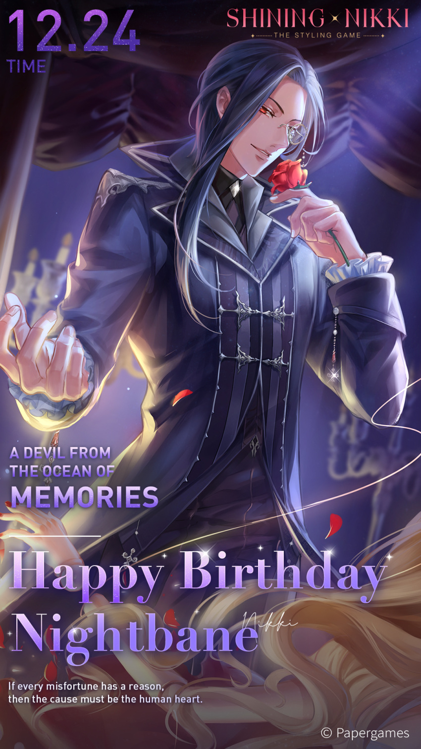 1boy black_hair black_jacket black_shirt blonde_hair blurry blurry_background candelabra candle candlestand copyright_name curtains dated_commentary doll_joints english_commentary falling_petals fingernails flower happy_birthday highres holding holding_flower indoors jacket joints long_hair looking_at_viewer marionette monocle nightbane_(shining_nikki) official_art parted_lips petals puppet red_eyes red_flower red_rose rose shining_nikki shirt smile solo teeth timestamp