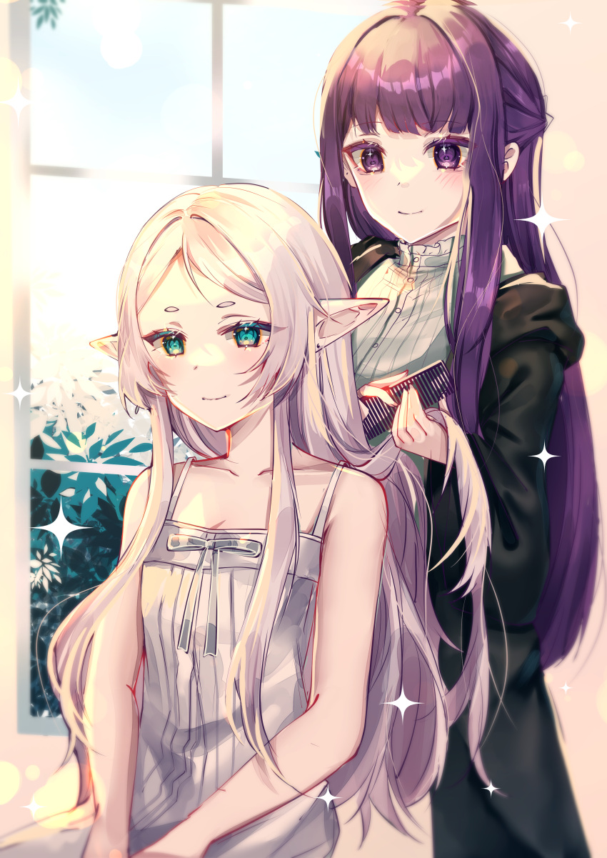 2girls absurdres bare_shoulders black_robe brushing_another's_hair brushing_hair closed_mouth collarbone comb dress earrings elf fern_(sousou_no_frieren) forehead frieren green_eyes grey_hair highres indoors jewelry long_hair multiple_girls parted_bangs pointy_ears purple_hair robe sitting sleeveless sleeveless_dress smile sousou_no_frieren sparkle standing tactoki thick_eyebrows very_long_hair violet_eyes white_dress window