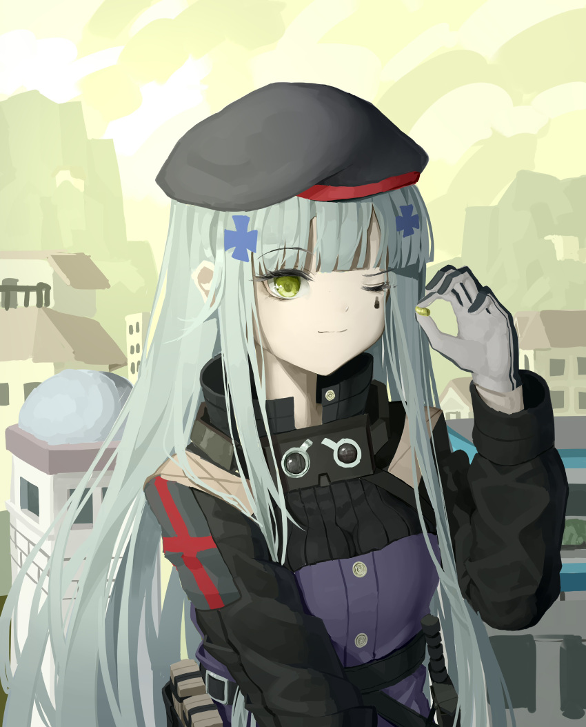 1girl absurdres beret black_headwear black_jacket blue_hair blunt_bangs chinese_commentary closed_mouth commentary_request crm cross_hair_ornament girls_frontline gloves green_eyes grey_gloves hair_ornament hat highres hk416_(girls'_frontline) jacket long_hair long_sleeves one_eye_closed shell_casing sidelocks solo teardrop_facial_mark uniform upper_body