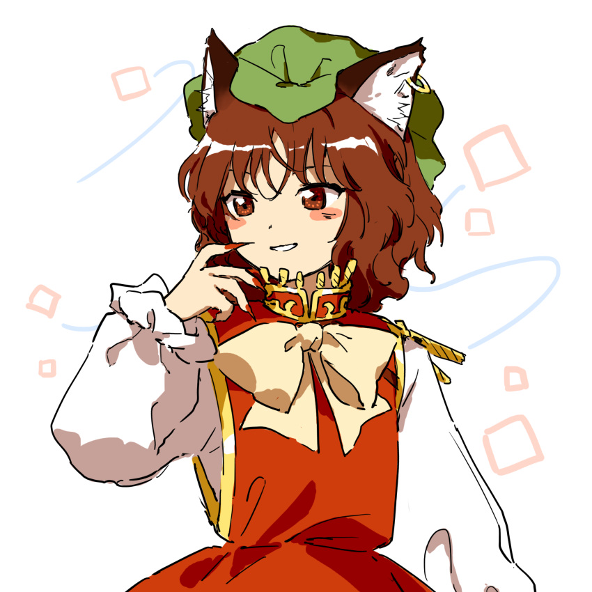 1girl animal_ear_piercing animal_ears blush_stickers brown_eyes brown_hair cat_ears cat_girl cat_tail chen dress fingernails green_headwear hat highres hoop_piercing jewelry kaigen_1025 long_fingernails long_sleeves mob_cap multiple_tails nail_polish open_mouth red_dress red_nails sharp_fingernails short_hair smile solo tail touhou two_tails upper_body