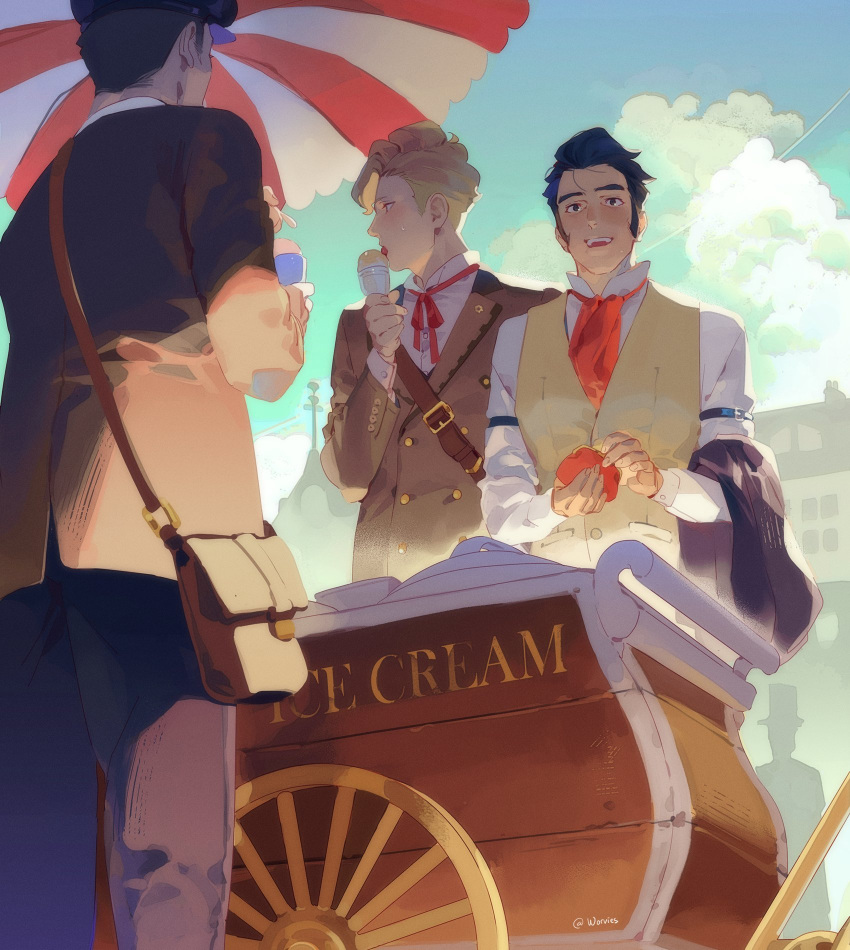 2boys ace_attorney ascot bag black_hair blonde_hair buttons clouds coin_purse collared_shirt day double-breasted food from_below herlock_sholmes highres holding holding_bag holding_clothes holding_food holding_ice_cream holding_jacket ice_cream ice_cream_cone ice_cream_stand jacket lapels licking multiple_boys neck_ribbon outdoors parasol popped_collar red_ascot red_ribbon ribbon shirt short_hair shoulder_bag sideburns sleeve_garter smile standing sweat the_great_ace_attorney twitter_username umbrella unworn_jacket vest white_shirt worvies yujin_mikotoba