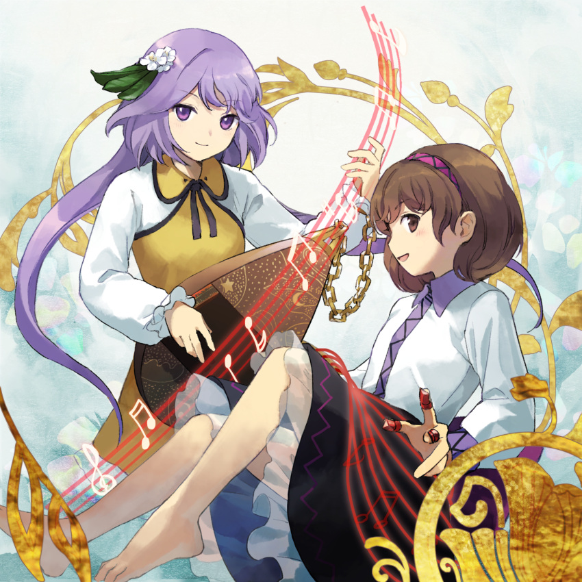2girls barefoot beamed_eighth_notes beamed_sixteenth_notes biwa_lute black_skirt blush brown_eyes brown_hair chain closed_mouth collared_shirt dress eighth_note flower frilled_skirt frills hair_flower hair_ornament hairband highres instrument kaigen_1025 long_hair long_sleeves lute_(instrument) multiple_girls musical_note open_mouth pink_hairband purple_hair sharp_sign shirt short_hair siblings sisters sixteenth_note skirt smile touhou treble_clef tsukumo_benben tsukumo_yatsuhashi violet_eyes white_flower white_shirt yellow_dress