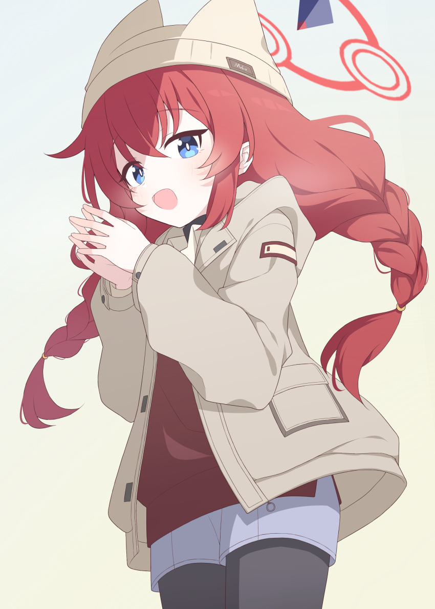 1girl absurdres black_pantyhose blue_archive blue_eyes blush braid brown_shirt cowboy_shot gradient_background grey_headwear grey_jacket grey_shorts hagoonha halo hat highres hood hood_down hooded_jacket jacket long_hair long_sleeves looking_at_viewer maki_(blue_archive) maki_(camp)_(blue_archive) official_alternate_costume official_alternate_hairstyle open_clothes open_jacket open_mouth pantyhose red_halo redhead shirt shorts smile solo twin_braids