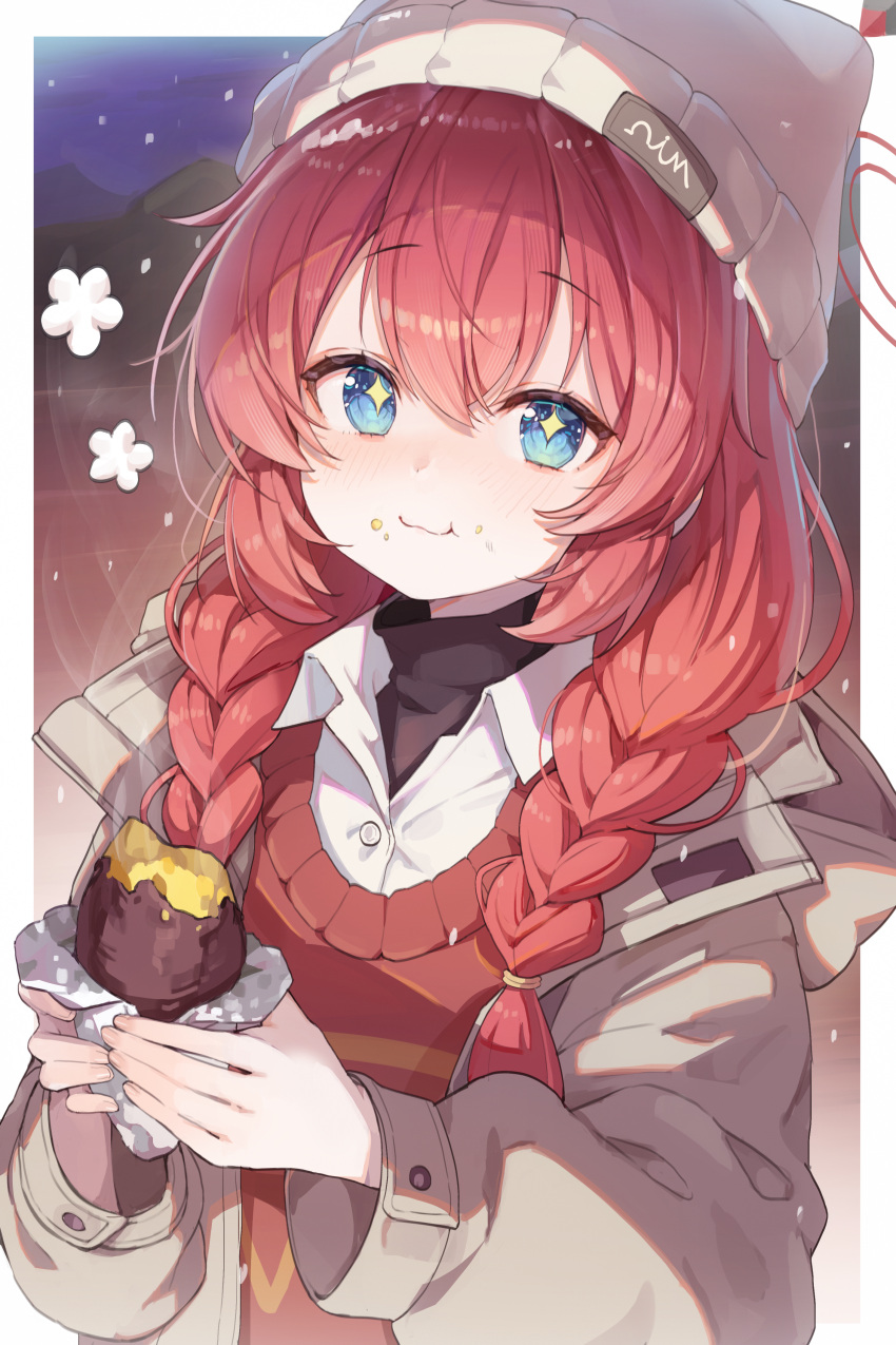 1girl absurdres beanie blue_archive blue_eyes closed_mouth collared_shirt crumbs eating food food_on_face halo hat highres holding holding_food jacket long_hair long_sleeves looking_at_viewer maki_(blue_archive) misyune night outdoors red_halo red_vest redhead shirt smile snow solo sparkling_eyes sweet_potato turtleneck upper_body vest white_shirt