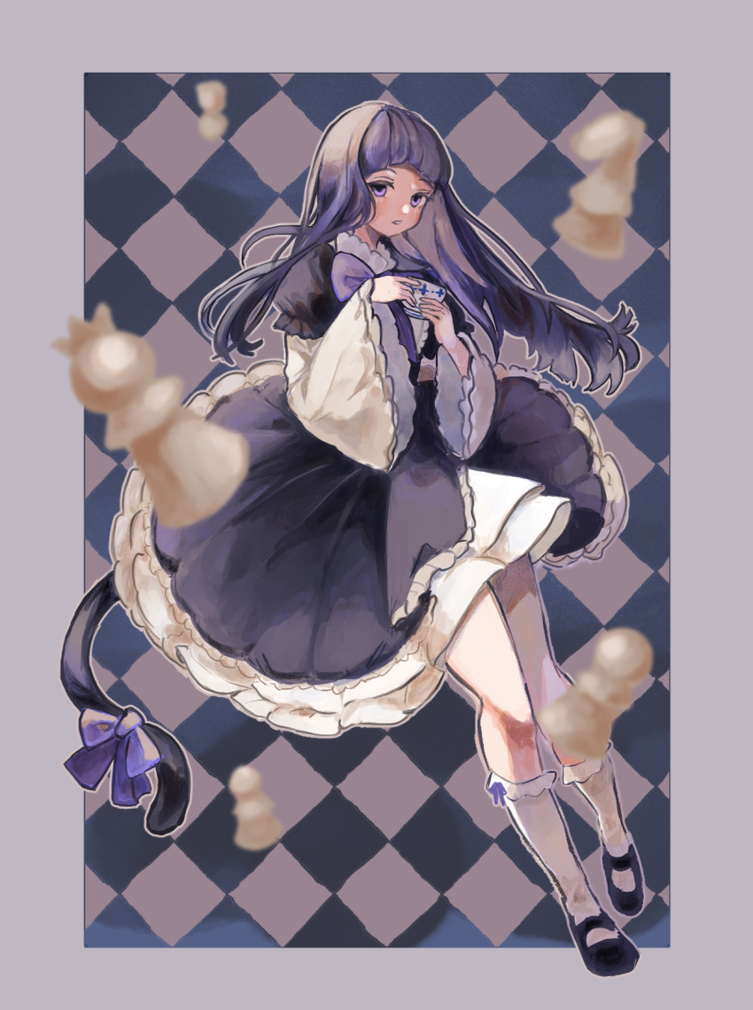 1girl aramosaurus black_dress black_footwear blue_bow blue_bowtie blue_hair blunt_bangs bow bowtie cat_tail checkered_background chess_piece cup dress frederica_bernkastel full_body hair_between_eyes highres holding holding_cup lolita_fashion long_hair long_sleeves looking_at_viewer parted_lips sidelocks simple_background socks solo tail umineko_no_naku_koro_ni violet_eyes white_socks wide_sleeves witch