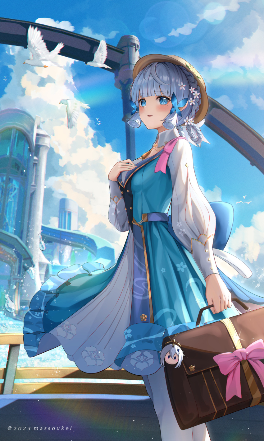 1girl artist_name back_bow bikini blue_bow blue_dress blue_sky bow braid brown_headwear butterfly_hair_ornament clouds commentary cowboy_shot dress english_commentary flower genshin_impact hair_flower hair_ornament hair_up hand_on_own_chest hat hat_flower highres holding holding_suitcase kamisato_ayaka kamisato_ayaka_(springbloom_missive) light_blush long_sleeves massoukei mole mole_under_eye official_alternate_costume official_alternate_hairstyle parted_lips pink_ribbon ribbon sky solo suitcase swimsuit white_bikini white_flower