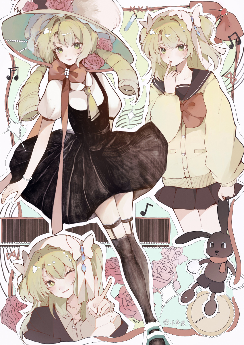 +_+ 1girl absurdres black_dress black_skirt black_thighhighs bow buzheng_du chinese_commentary clock closed_mouth commentary_request dress drill_hair eighth_note flower green_eyes green_headwear green_sweater hair_ribbon hat hat_flower highres large_hat long_hair long_sleeves looking_at_viewer multiple_views musical_note one_eye_closed pinafore_dress pink_flower pink_rose pleated_skirt puffy_short_sleeves puffy_sleeves red_bow reverse:1999 ribbon rose school_uniform shirt short_sleeves skirt sleeveless sleeveless_dress smile sotheby staff_(music) stuffed_animal stuffed_rabbit stuffed_toy sweater thigh-highs twin_drills two_side_up very_long_hair white_ribbon white_shirt