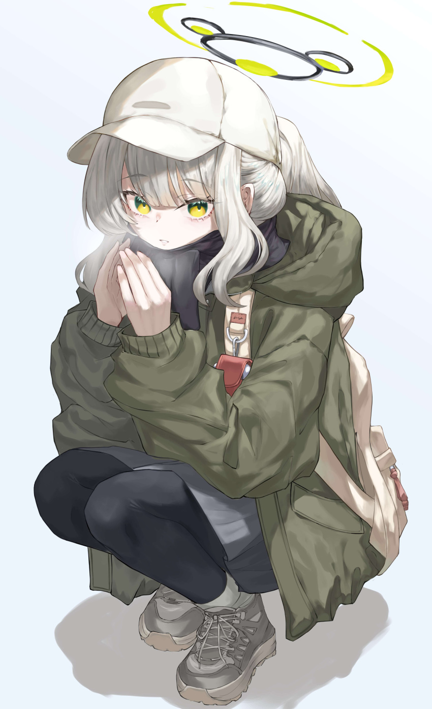 1girl absurdres black_pantyhose black_scarf blue_archive full_body green_eyes green_halo green_jacket grey_footwear grey_hair grey_skirt halo hare_(blue_archive) hare_(camp)_(blue_archive) hat highres hood hood_down hooded_jacket jacket lechiennoir long_hair long_sleeves looking_at_viewer official_alternate_costume pantyhose ponytail scarf shoes skirt solo squatting white_headwear