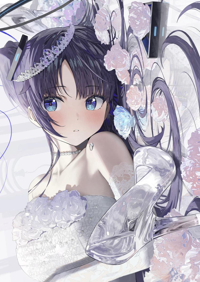 1girl absurdres blue_archive blue_eyes blush breasts dress elbow_gloves flower glass_slipper gloves halo hidulume highres jewelry long_hair lying necklace on_back pearl_necklace purple_hair ring rose solo strapless strapless_dress tiara wedding_dress wedding_ring white_dress white_flower white_gloves white_rose yuuka_(blue_archive)
