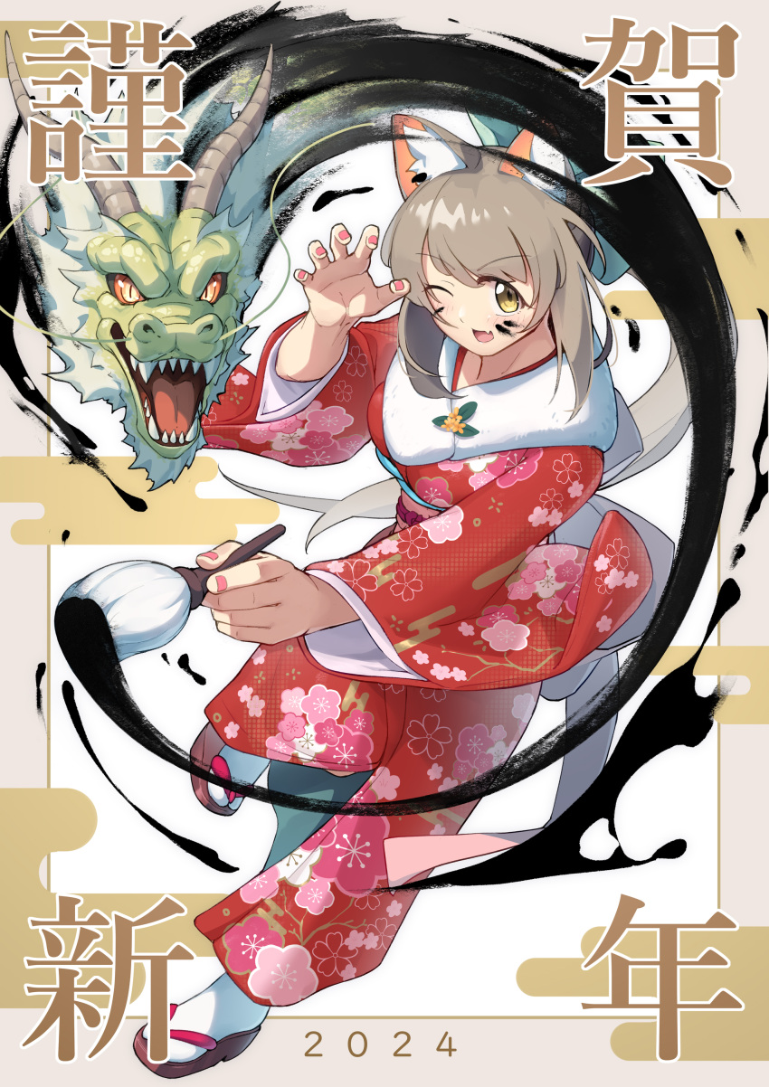 1girl 2024 ;d absurdres animal_ears arukiru brown_hair cat_ears chinese_zodiac commentary_request dragon eastern_dragon fingernails happy_new_year highres holding holding_paintbrush ink japanese_clothes kimono long_hair looking_at_viewer one_eye_closed original paintbrush red_kimono smile socks tabi white_socks year_of_the_dragon yellow_eyes