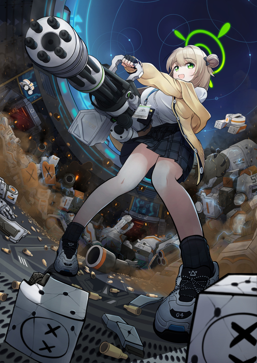1girl absurdres black_skirt black_socks blue_archive blush breasts drawing_rak green_eyes green_halo gun halo highres holding holding_gun holding_weapon jacket large_breasts light_brown_hair long_hair long_sleeves nonomi_(blue_archive) open_clothes open_jacket open_mouth pleated_skirt shoes skirt smile socks solo standing weapon white_footwear yellow_jacket