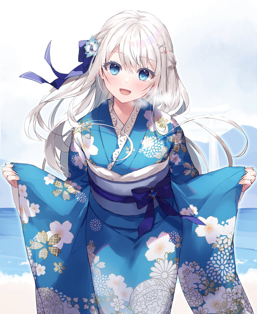 1girl amamine arms_at_sides blue_eyes blush breasts commentary_request flower grey_hair hair_flower hair_ornament hairclip heavy_breathing highres indie_virtual_youtuber japanese_clothes kimono long_hair looking_at_viewer nagino_mashiro ribbon simple_background small_breasts solo virtual_youtuber white_background