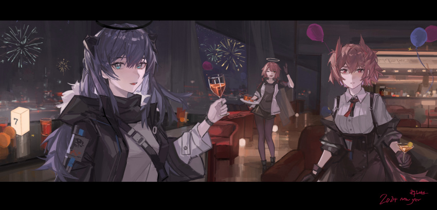 3girls ;d absurdres animal_ears arknights balloon bird_ears black_gloves black_halo black_jacket black_shirt black_skirt blue_eyes blue_hair cocktail_glass cup demon_horns drinking_glass exusiai_(arknights) fiammetta_(arknights) fireworks fur-trimmed_hood fur_trim gloves grey_shirt halo hand_up happy_new_year high-waist_skirt highres holding holding_cup holding_plate hood hood_down hooded_jacket horns indoors jacket layered_sleeves letterboxed long_hair long_sleeves looking_at_viewer mostima_(arknights) multiple_girls night off_shoulder one_eye_closed open_clothes open_jacket plate red_eyes redhead shirt shirt_tucked_in short_hair shuimo skirt smile suspender_skirt suspenders watch watch white_jacket white_shirt window