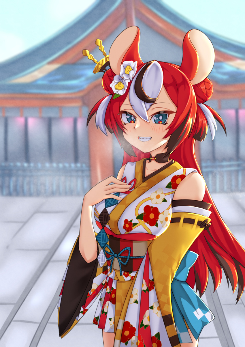 1girl absurdres animal_ears black_hair blue_eyes blush detached_sleeves double_bun floral_print_kimono flower hair_bun hair_flower hair_ornament hakos_baelz hakos_baelz_(new_year) highres hololive hololive_english japanese_clothes kimono long_hair looking_at_viewer mouse_ears mouse_girl multicolored_hair nyang-kaz official_alternate_costume redhead smile solo streaked_hair two_side_up virtual_youtuber white_hair white_kimono yellow_eyes