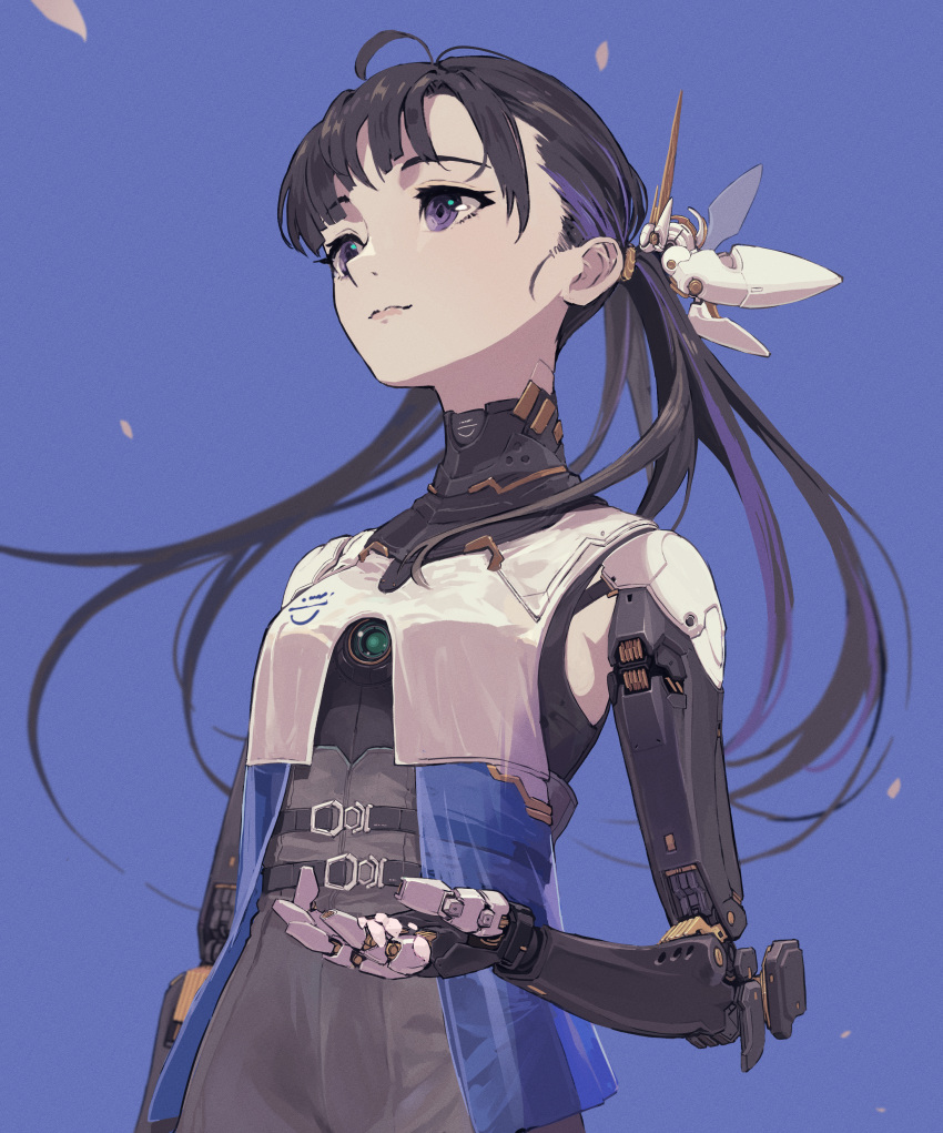 1girl absurdres arm_at_side black_hair blue_background breasts highres ichiyon joints long_hair medium_breasts original petals robot_joints science_fiction see-through solo standing twintails violet_eyes wind wind_lift