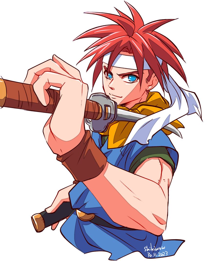 1boy absurdres artist_name blue_eyes blue_tunic brown_wristband chrono_trigger closed_mouth crono_(chrono_trigger) cropped_torso dated headband highres holding holding_sword holding_weapon looking_at_viewer male_focus neckerchief orange_neckerchief over_shoulder redhead shikiwo smile solo spiky_hair sword toned toned_male upper_body weapon weapon_over_shoulder white_background white_headband