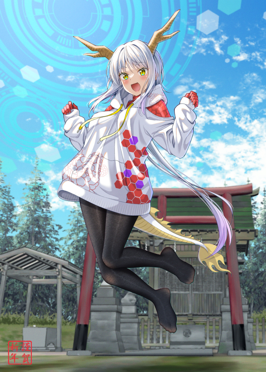 1girl :d black_pantyhose blue_sky breasts chinese_zodiac clothing_cutout clouds commentary_request day dragon_girl dragon_horns dragon_tail drawstring grey_hair gurande_(g-size) hair_between_eyes hands_up highres hood hood_down hoodie horns jumping long_hair medium_breasts midair no_shoes original outdoors pantyhose pinching_sleeves shoulder_cutout sky smile solo tail torii very_long_hair white_hoodie year_of_the_dragon yellow_eyes
