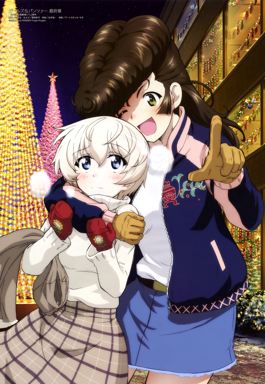 2girls :d absurdres arm_around_neck belt blue_eyes blue_jacket blue_skirt blush brown_gloves brown_hair brown_jacket brown_skirt building christmas christmas_lights christmas_tree closed_mouth collarbone girls_und_panzer gloves green_eyes hair_between_eyes highres index_finger_raised jacket long_sleeves looking_at_another looking_at_viewer mittens multiple_girls night one_eye_closed open_mouth outdoors pointing red_mittens shirt skirt smile standing sugimoto_isao sweater turtleneck turtleneck_sweater unworn_jacket white_hair white_shirt white_sweater youko_(girls_und_panzer) yuri yuri_(girls_und_panzer)