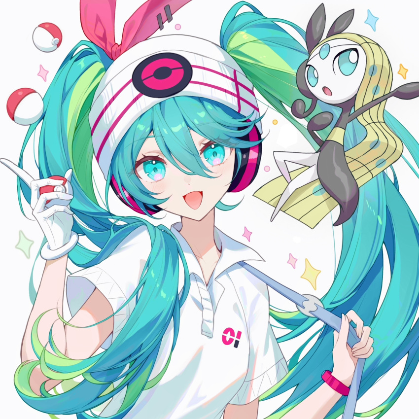 1girl aqua_eyes aqua_hair bag bow bracelet collared_shirt commentary gloves green_hair hair_bow headband headphones highres holding holding_poke_ball jewelry long_hair looking_at_viewer meloetta meloetta_(aria) multicolored_hair official_alternate_costume open_mouth osage_(8545675) poke_ball poke_ball_(basic) pokemon pokemon_(creature) polo_shirt portrait project_voltage psychic_miku_(project_voltage) red_bow shirt short_sleeves shoulder_bag simple_background single_glove twintails two-tone_hair upper_body vocaloid white_background white_gloves white_headband white_shirt