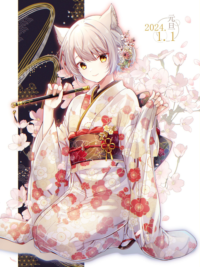 1girl 2024 alternate_costume animal_ear_fluff animal_ears cat_ears closed_mouth commentary_request dated floral_print flower flute grey_hair hair_flower hair_ornament highres holding holding_flute instrument japanese_clothes kimono kneeling looking_at_viewer mio_(xenoblade) new_year obi pink_flower print_kimono sash short_hair sitting solo ui_frara white_flower white_kimono wide_sleeves xenoblade_chronicles_(series) xenoblade_chronicles_3 yellow_eyes yukata