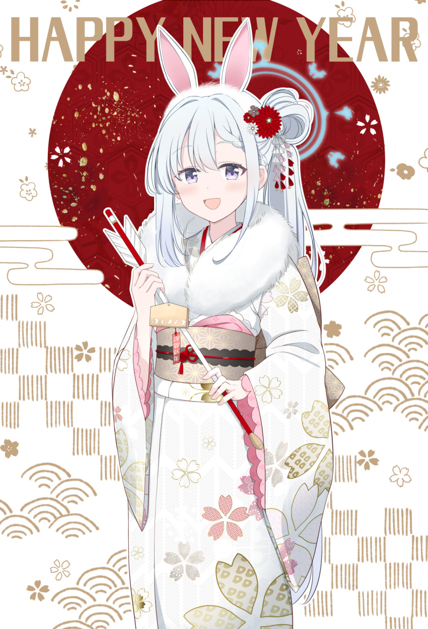 1girl alternate_costume alternate_hairstyle animal_ears arrow_(projectile) blue_archive english_text flower grey_hair hair_flower hair_ornament halo hamaya happy_new_year highres holding hoshino_ouka japanese_clothes kimono looking_at_viewer miyako_(blue_archive) open_mouth ponytail rabbit_ears solo violet_eyes